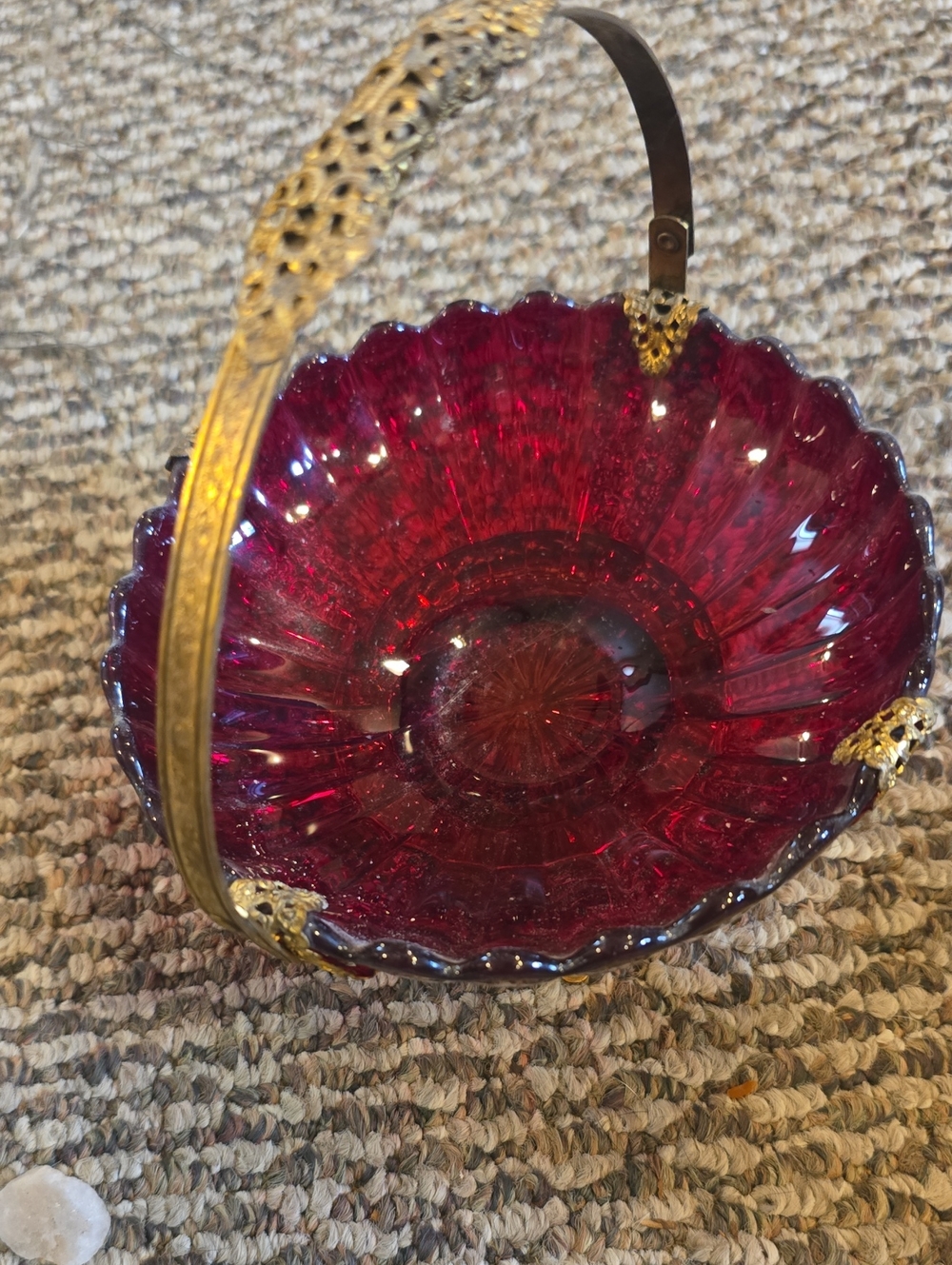 Vintage Decorative Ruby Red Glass & Gold Filigree Basket - Picture 2 of 4
